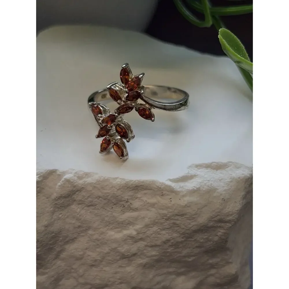 925 Sterling Silver garnet Flower Ring Adjustable